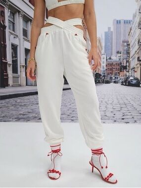 For Love and Lemons Frankie Cream Jogger Pants Red Rose Detail XS Y2K